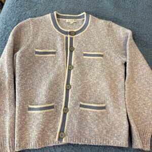 J.Crew Re-Imagined Blue Ivory Knit Cardigan Gold-Tone Buttons Size Medium
